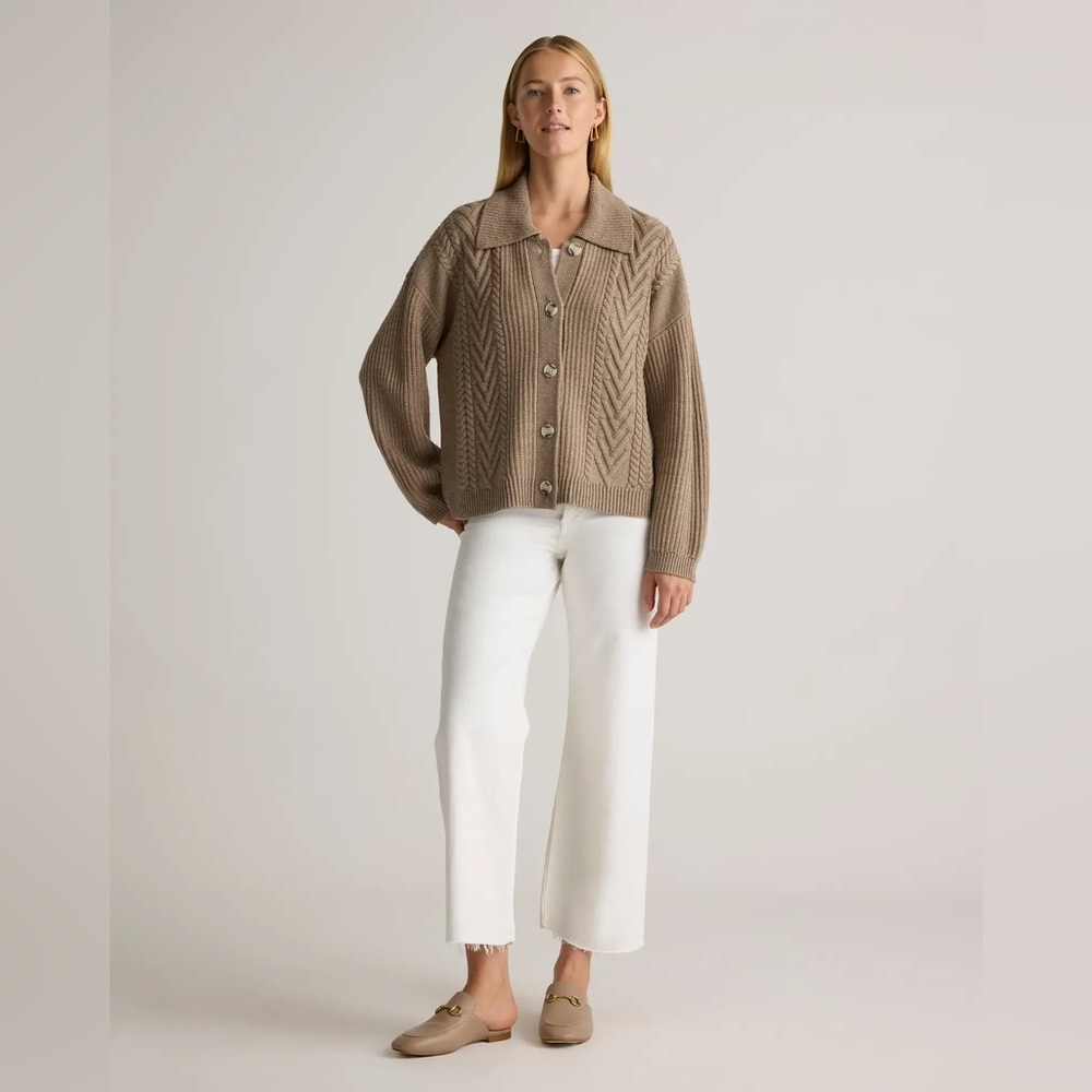 Quince Taupe Cable Knit Button-Up Sweater - Picture 3 of 9
